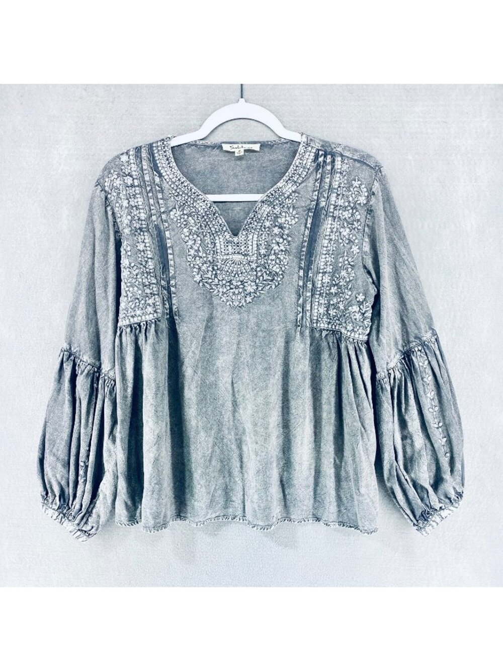 Solitaire Cottagecore Top Womens M Gray Embroidered Peasant Blouse Hippie